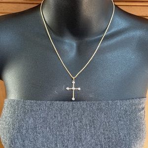 Real 14K Yellow Gold Natural Diamond Bezel Religious Cross Pendant Rope Necklace